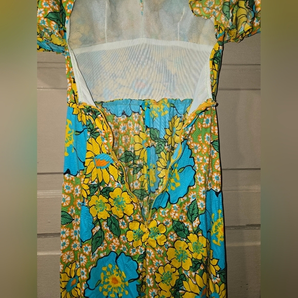 Jack Hartley 1960s Retro Yellow Blue Floral Keyhole Flutter Sleeve Maxi Dress - Picture 4 of 11